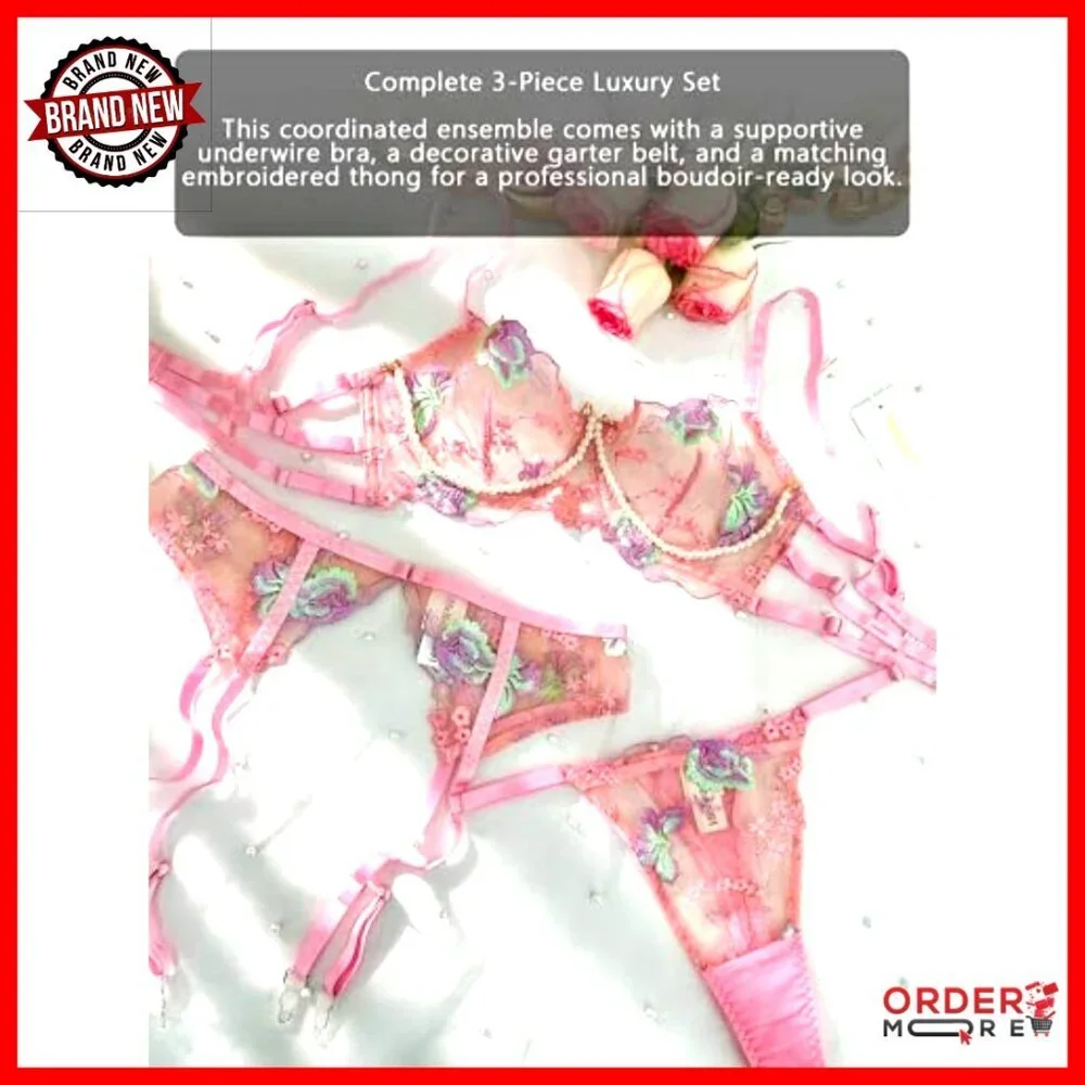 Size S Lingerie Set with Floral Embroidery and Pearl Chain Details